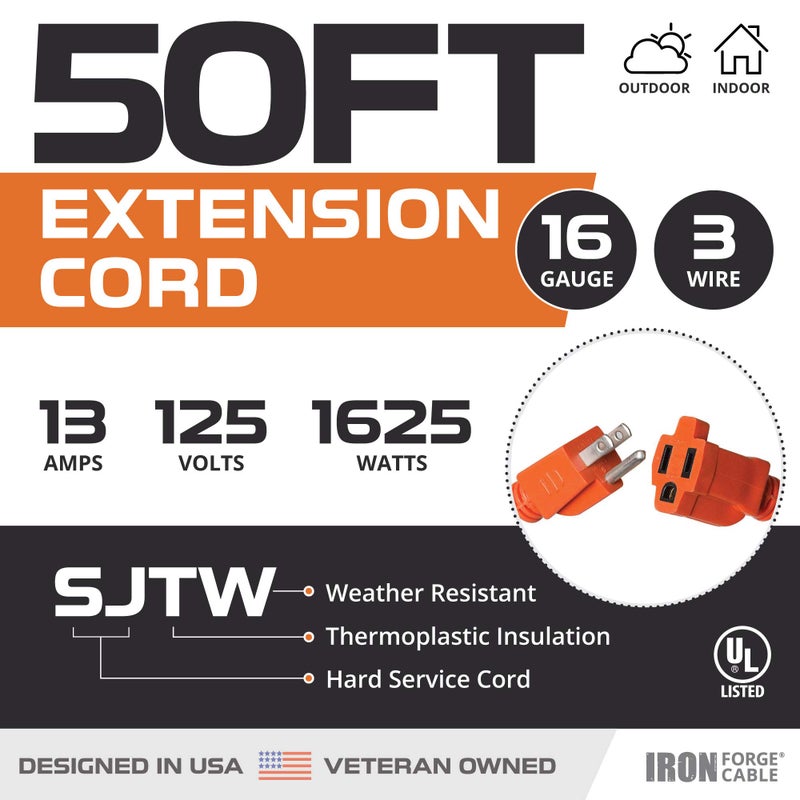 IRON FORGE CABLE 50 Ft Orange Extension Cord - 16/3 SJTW Heavy Duty Outdoor Extension Cable with 3 Prong Grounded Plug for Safety - Great for Garden & Major Appliances - Image 2
